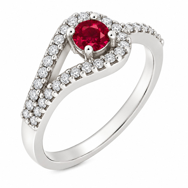 modern round cut Ruby halo cluster ring main stone set across the finger claw set round diamonds set halo and shoulders engagement design platinum gold