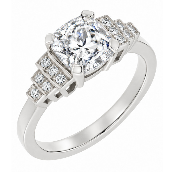 classic Art Deco style cluster ring with cushion shape cut centre diamond grain set round brilliant cut diamonds set shoulders halo surround platinum gold
