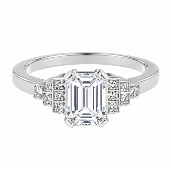 classic Art Deco style cluster ring with octagon step cut centre emerald diamond grain set round brilliant cut diamonds set shoulders halo surround platinum gold