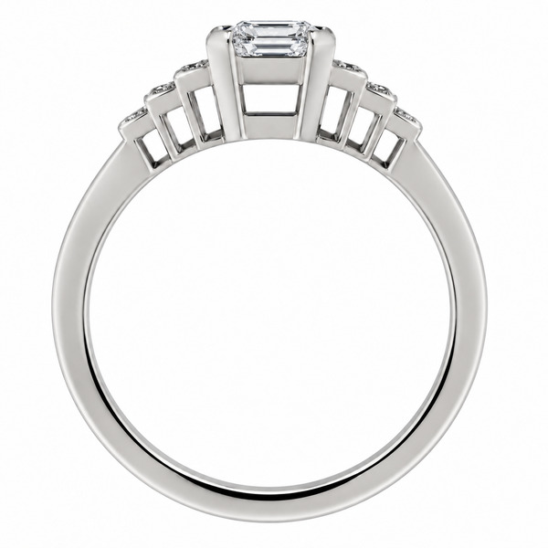 classic Art Deco style cluster ring with octagon step cut centre emerald diamond grain set round brilliant cut diamonds set shoulders halo surround platinum gold