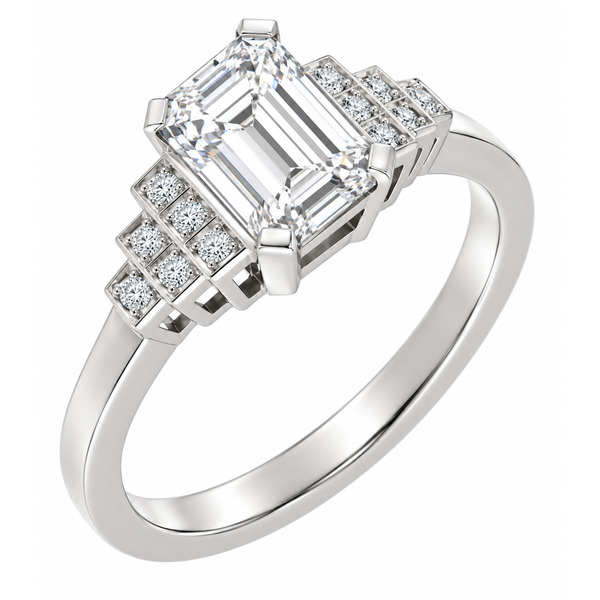 classic Art Deco style cluster ring with octagon step cut centre emerald diamond grain set round brilliant cut diamonds set shoulders halo surround platinum gold