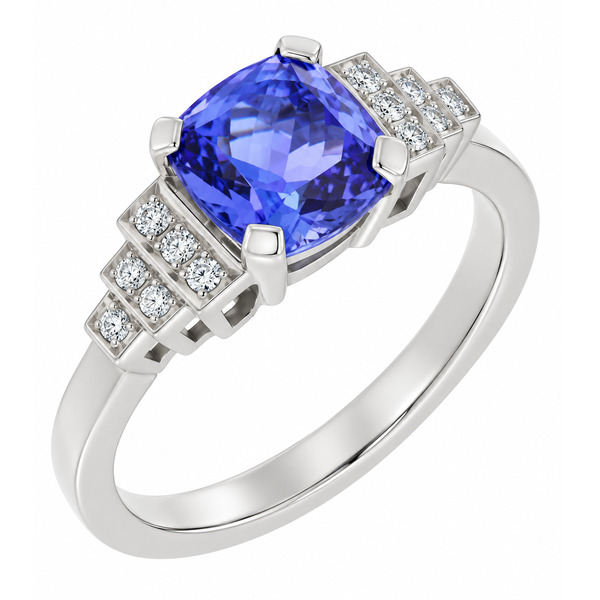 classic Art Deco style cluster ring with cushion cut centre tanzanite grain set round brilliant cut diamonds set shoulders halo surround platinum gold