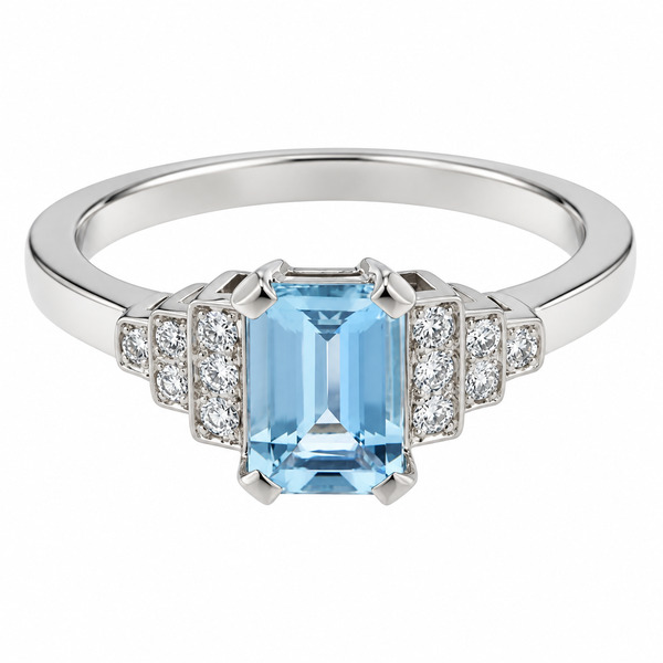 classic Art Deco style cluster ring with octagon step cut centre aqua aquamarine grain set round brilliant cut diamonds set shoulders halo surround platinum gold