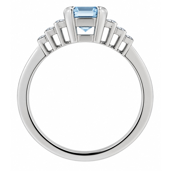 classic Art Deco style cluster ring with octagon step cut centre aqua aquamarine grain set round brilliant cut diamonds set shoulders halo surround platinum gold