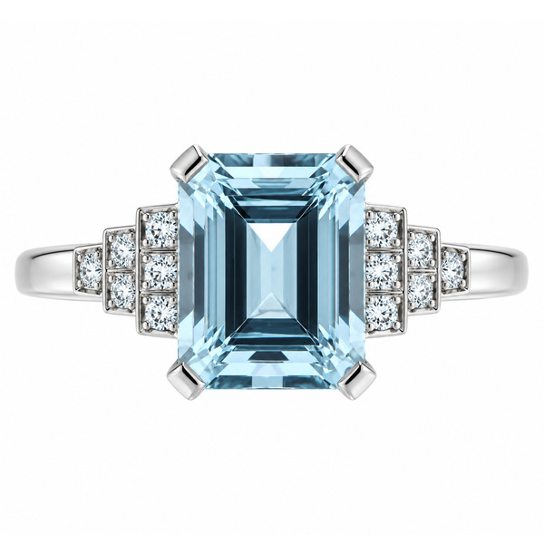 classic Art Deco style cluster ring with octagon step cut centre aqua aquamarine grain set round brilliant cut diamonds set shoulders halo surround platinum gold