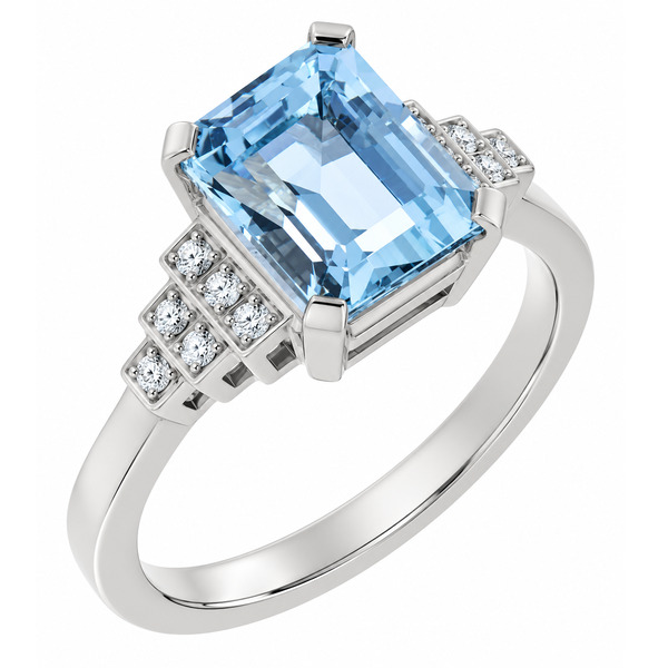 classic Art Deco style cluster ring with octagon step cut centre aqua aquamarine grain set round brilliant cut diamonds set shoulders halo surround platinum gold