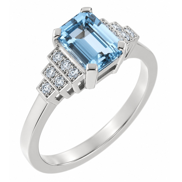 classic Art Deco style cluster ring with octagon step cut centre aqua aquamarine grain set round brilliant cut diamonds set shoulders halo surround platinum gold