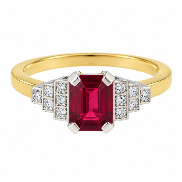 classic Art Deco style cluster ring with emerald cut centre Ruby grain set round brilliant cut diamonds set shoulders halo surround platinum gold