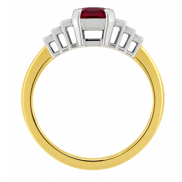 classic Art Deco style cluster ring with emerald cut centre Ruby grain set round brilliant cut diamonds set shoulders halo surround platinum gold
