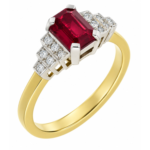 classic Art Deco style cluster ring with emerald cut centre Ruby grain set round brilliant cut diamonds set shoulders halo surround platinum gold