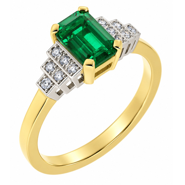 classic Art Deco style cluster ring with octagon step cut centre green emerald grain set round brilliant cut diamonds set shoulders halo surround platinum gold