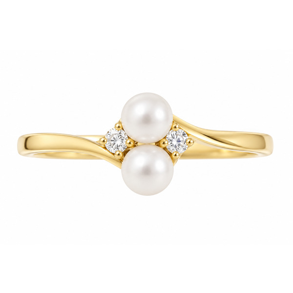 A delicate crossover style ring with two round freshwater cultured white pearls and two round brilliant cut diamonds platinum gold