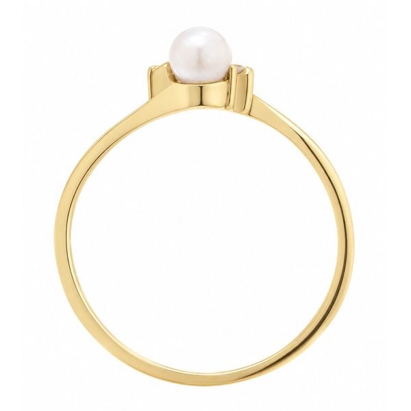 A delicate crossover style ring with two round freshwater cultured white pearls and two round brilliant cut diamonds platinum gold