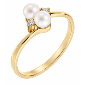 A delicate crossover style ring with two round freshwater cultured white pearls and two round brilliant cut diamonds platinum gold