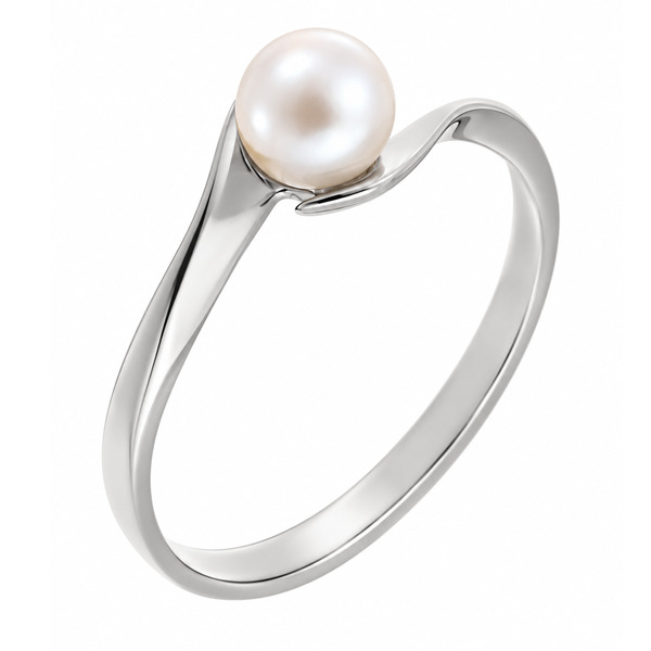 A modern crossover style ring with a solitaire round freshwater cultured pearl platinum gold