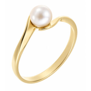 A modern crossover style ring with a solitaire round freshwater cultured pearl platinum gold