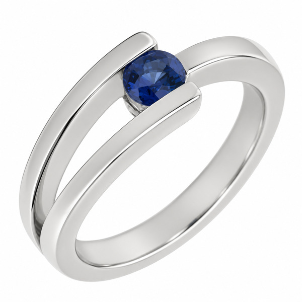 Denon Modernist modern contemporary round cut blue sapphire solitaire crossover dress ring platinum gold