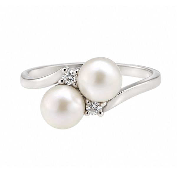 modern crossover style ring with two round freshwater cultured white pearls two round brilliant cut diamonds. platinum gold