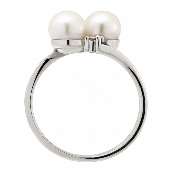 modern crossover style ring with two round freshwater cultured white pearls two round brilliant cut diamonds. platinum gold