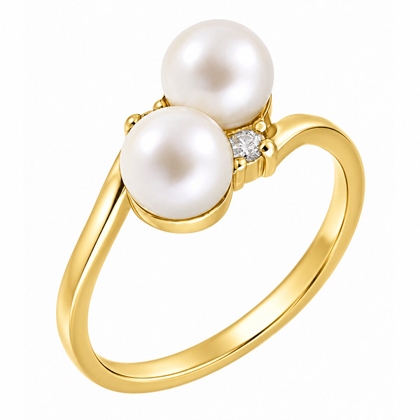 modern crossover style ring with two round freshwater cultured white pearls two round brilliant cut diamonds. platinum gold