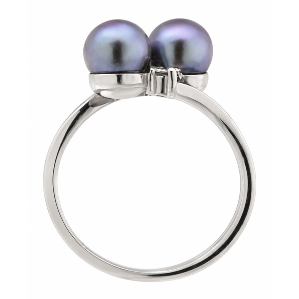 modern crossover style ring with two round freshwater cultured black pearls two round brilliant cut diamonds. platinum gold