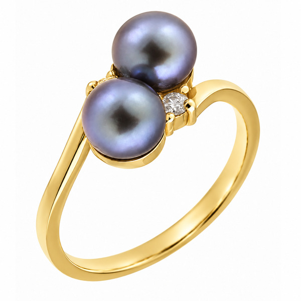 modern crossover style ring with two round freshwater cultured black pearls two round brilliant cut diamonds. platinum gold