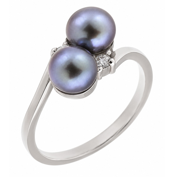 modern crossover style ring with two round freshwater cultured black pearls two round brilliant cut diamonds. platinum gold