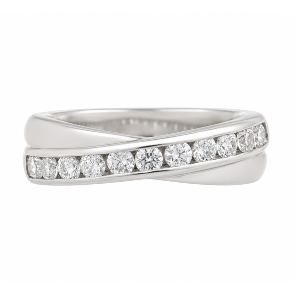Imara Modern contemporary round diamond crossover half Eternity style Ring platinum gold design channel set diamonds