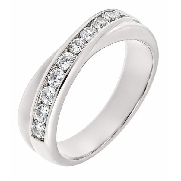 Imara Modern contemporary round diamond crossover half Eternity style Ring platinum gold design channel set diamonds
