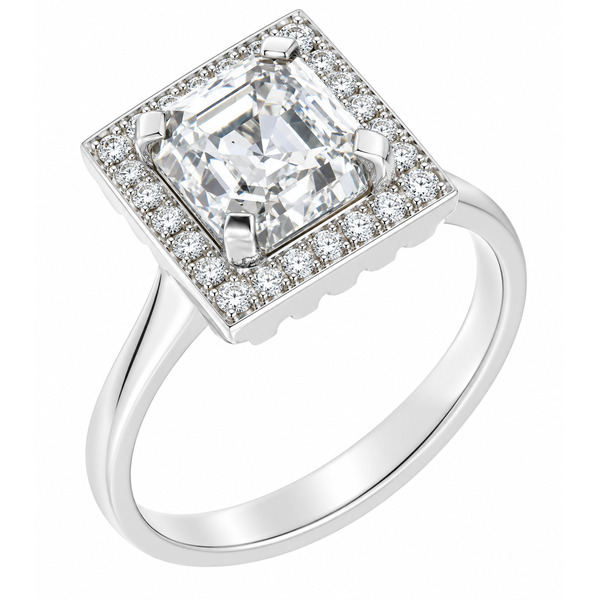 Art deco style cluster ring with a square octagon modified emerald asscher cut centre stone and a halo of round diamonds platinum gold