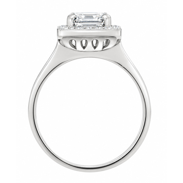Art deco style cluster ring with a square octagon modified emerald asscher cut centre stone and a halo of round diamonds platinum gold