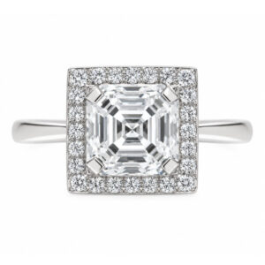 Art deco style cluster ring with a square octagon modified emerald asscher cut centre stone and a halo of round diamonds platinum gold