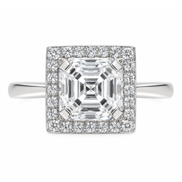 Art deco style cluster ring with a square octagon modified emerald asscher cut centre stone and a halo of round diamonds platinum gold