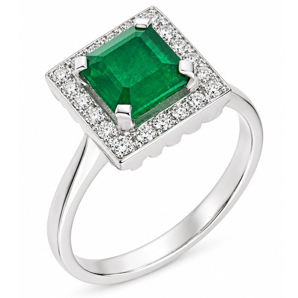 Art deco style cluster ring with a square octagon or emerald cut green emerald centre stone and a halo of round diamonds platinum gold