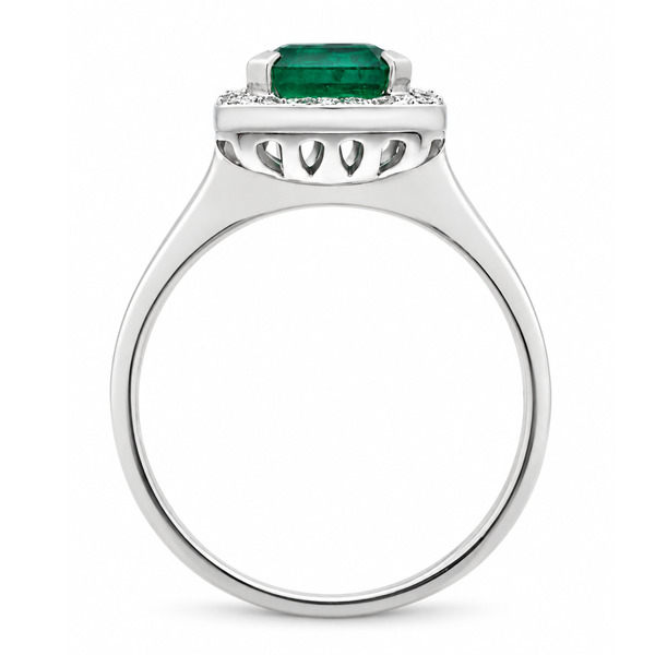 Art deco style cluster ring with a square octagon or emerald cut green emerald centre stone and a halo of round diamonds platinum gold