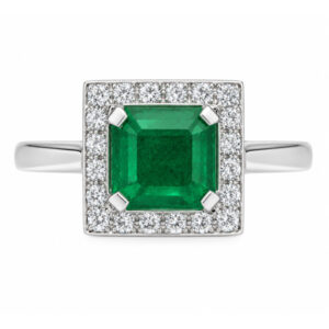 Art deco style cluster ring with a square octagon or emerald cut green emerald centre stone and a halo of round diamonds platinum gold