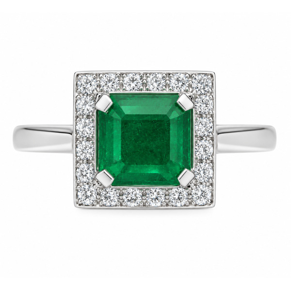 Art deco style cluster ring with a square octagon or emerald cut green emerald centre stone and a halo of round diamonds platinum gold