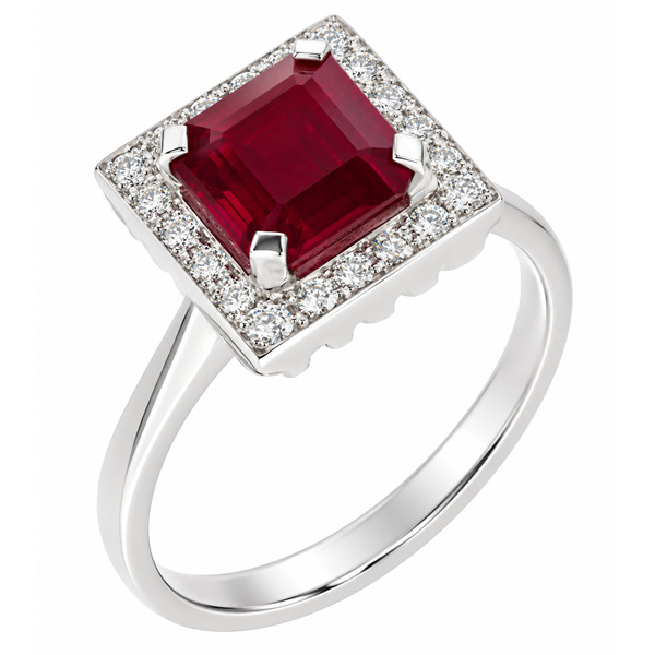 Art deco style cluster ring with a square octagon or emerald cut Ruby centre stone and a halo of round diamonds platinum gold