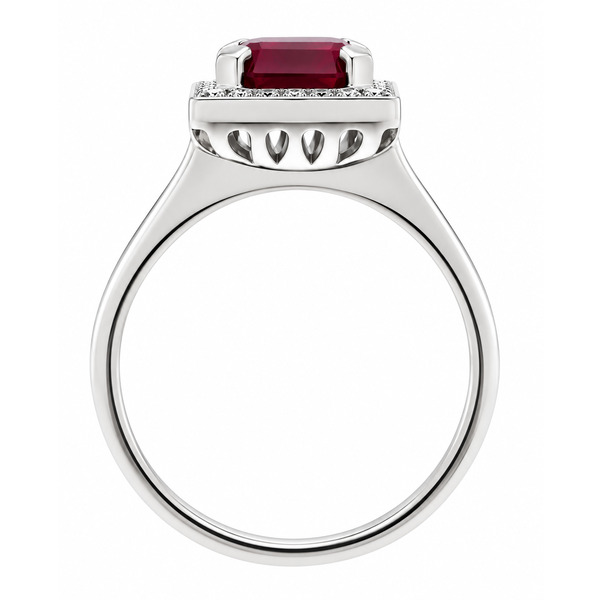 Art deco style cluster ring with a square octagon or emerald cut Ruby centre stone and a halo of round diamonds platinum gold