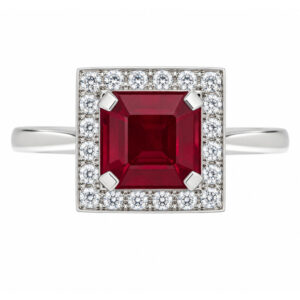Art deco style cluster ring with a square octagon or emerald cut Ruby centre stone and a halo of round diamonds platinum gold