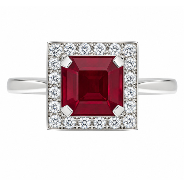 Art deco style cluster ring with a square octagon or emerald cut Ruby centre stone and a halo of round diamonds platinum gold