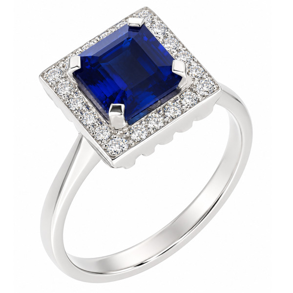Art deco style cluster ring with a square octagon or emerald cut blue sapphire centre stone and a halo of round diamonds platinum gold