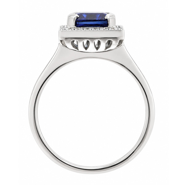 Art deco style cluster ring with a square octagon or emerald cut blue sapphire centre stone and a halo of round diamonds platinum gold