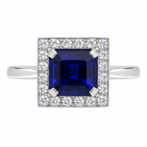 Art deco style cluster ring with a square octagon or emerald cut blue sapphire centre stone and a halo of round diamonds platinum gold