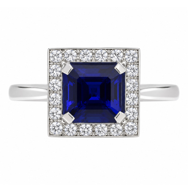 Art deco style cluster ring with a square octagon or emerald cut blue sapphire centre stone and a halo of round diamonds platinum gold
