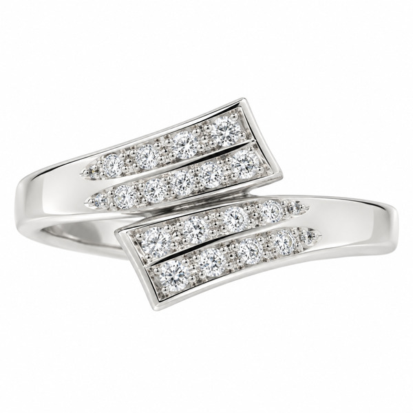 Modern crossover designer dress ring with grain or pave set round brilliant cut diamonds in a cluster style platinum gold