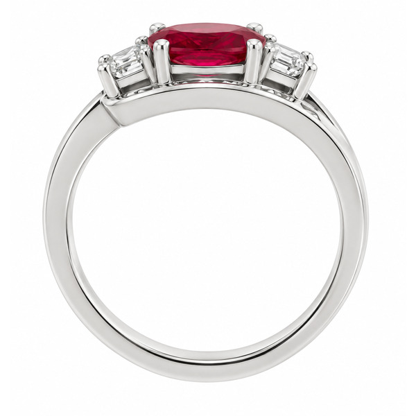 Designer style trilogy dress ring with oval ruby, two accent round brilliant cut diamonds and channel set round diamonds in the crossover shoulders platinum gold