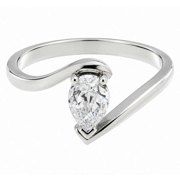 A modern crossover, wrap around style ring with a claw set solitaire pear cut diamond contemporary design designer platinum gold