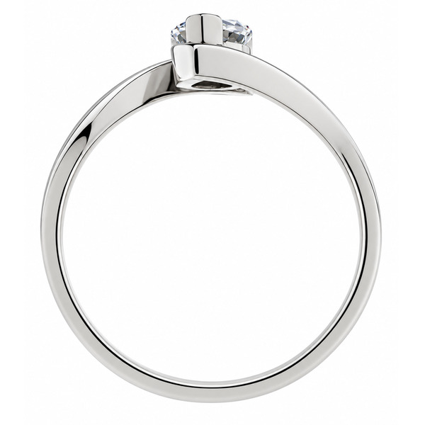 A modern crossover, wrap around style ring with a claw set solitaire pear cut diamond contemporary design designer platinum gold
