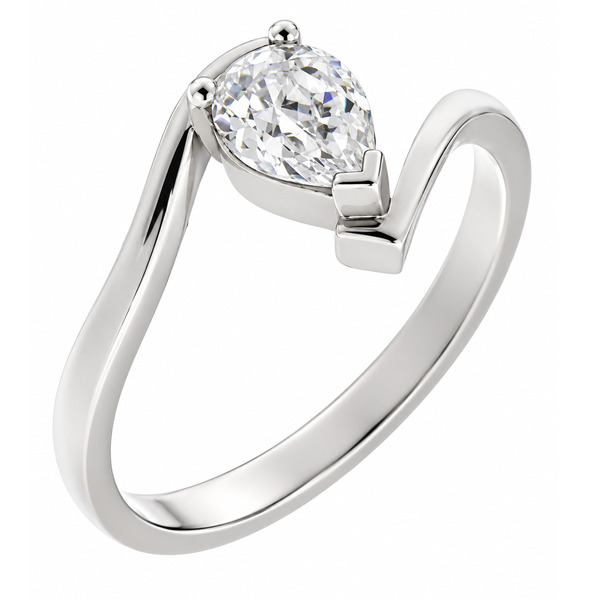 A modern crossover, wrap around style ring with a claw set solitaire pear cut diamond contemporary design designer platinum gold